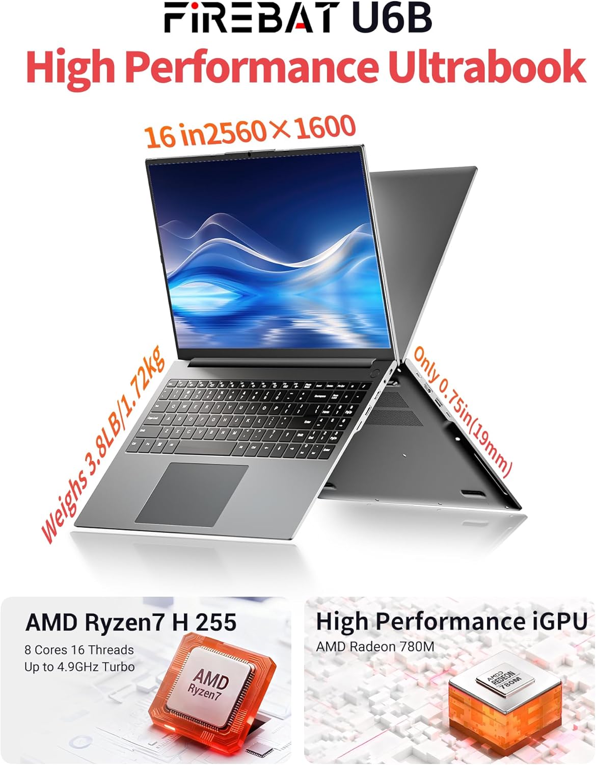 Laptop Computer Ultrabook, 16in Quad HD, 4.9GHz AMD Ryzen H 255, Radeon 780M Graphics, DDR5 5600MHz RAM, M.2 PCIe SSD, TF Card Slot, Portable Gaming/School/Business Notebook Computer【U6B】 - Image 2