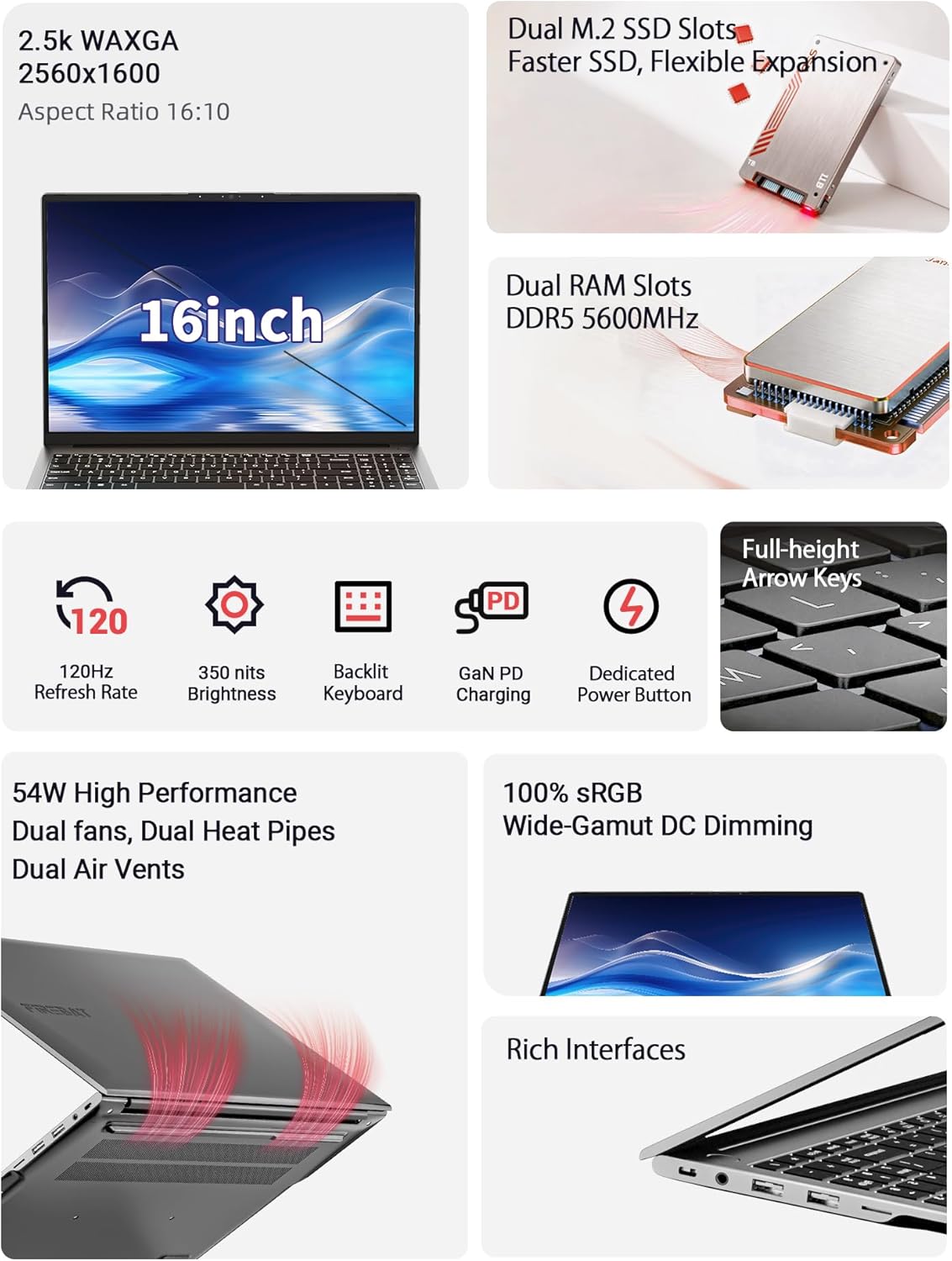 Laptop Computer Ultrabook, 16in Quad HD, 4.9GHz AMD Ryzen H 255, Radeon 780M Graphics, DDR5 5600MHz RAM, M.2 PCIe SSD, TF Card Slot, Portable Gaming/School/Business Notebook Computer【U6B】 - Image 3