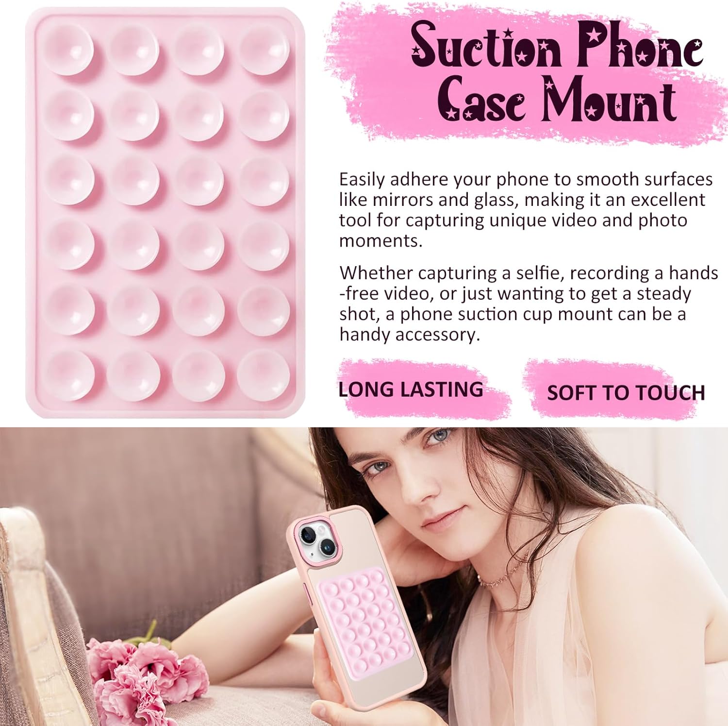 LvShuLiangPin Anteel Silicone Suction Phone Case Mount, Silicon Adhesive Phone Accessory for Smartphones, Hands-Free Mirror Shower Phone Holder for Selfies, Tiktok Videos (Light Pink) - Image 6